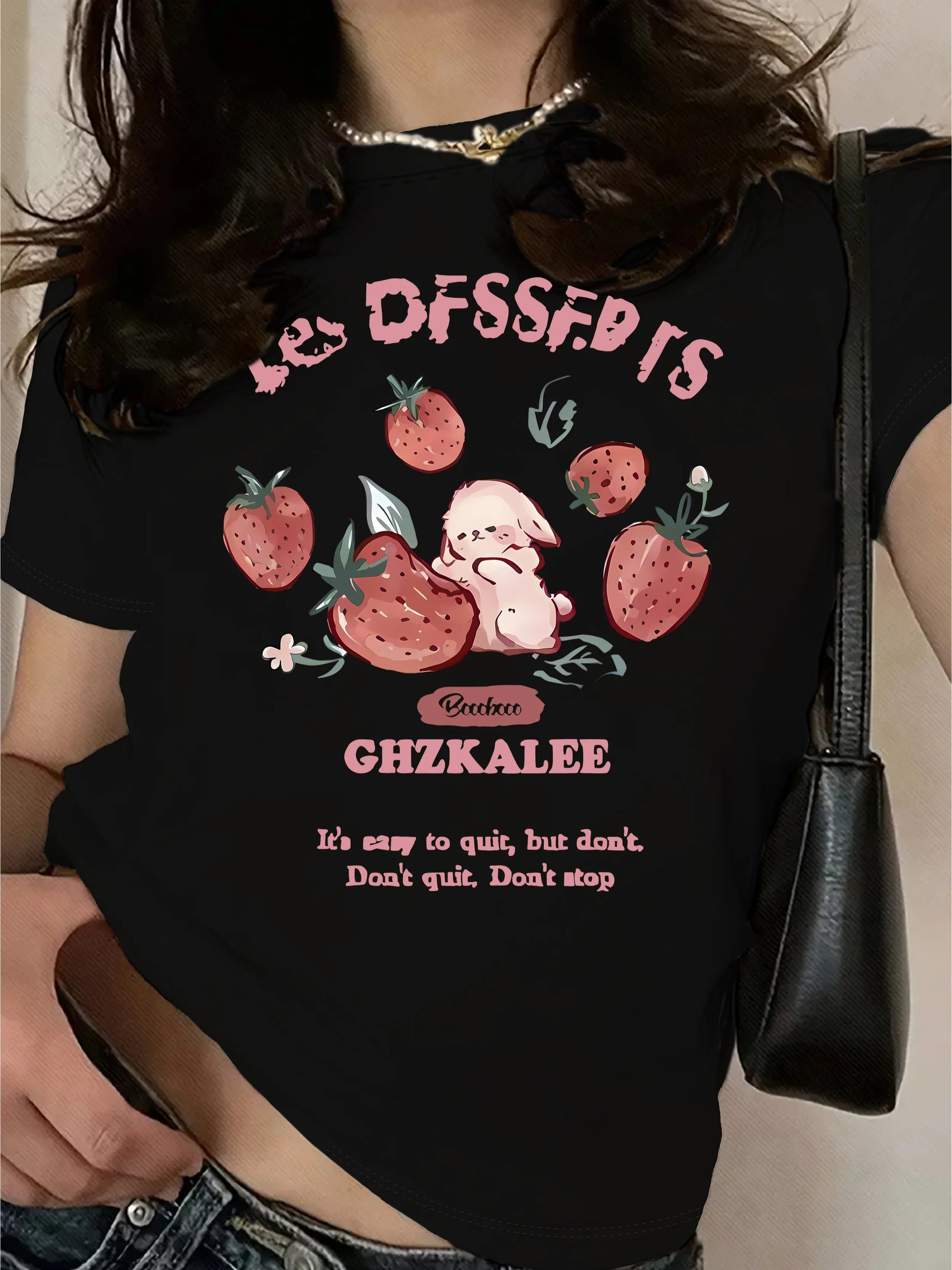 Women's T-Shirt - Cute Strawberry & Rabbit Graphic, Soft Casual Round Neck Tee with Inspirational Quote