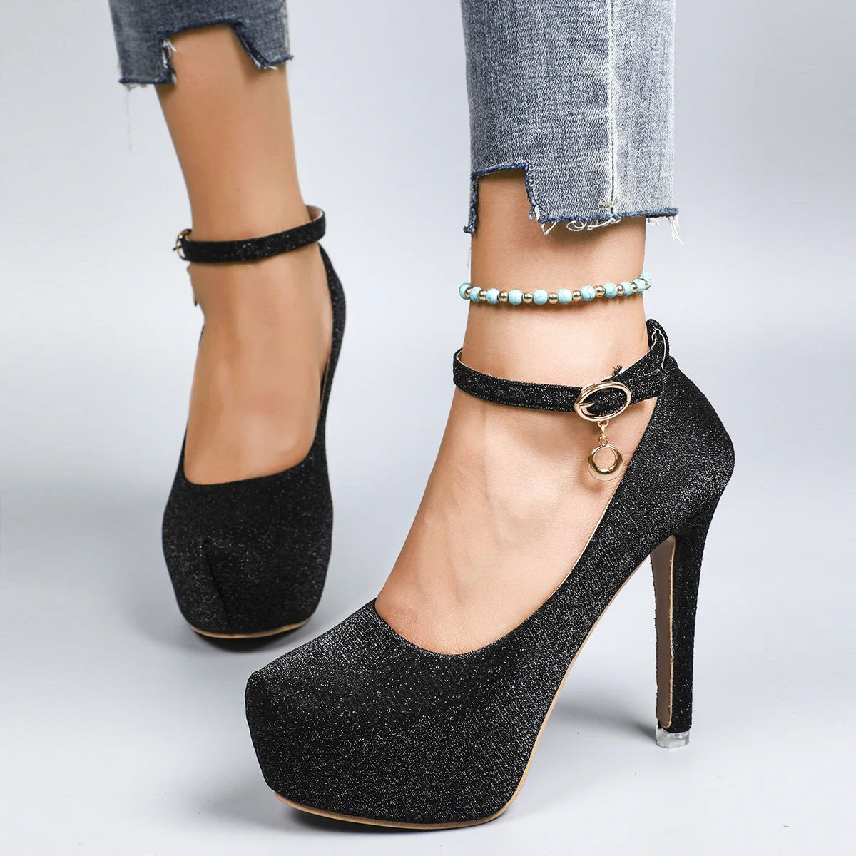 Women's High Heels 2025 New Style Semi-Uppered Thin Heel Waterproof Platform Buckle Fashion Shoes Large Size Strap Shoes
