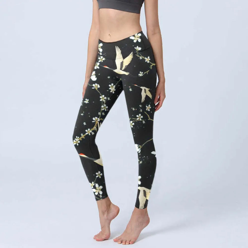High Waist Yoga Leggings Japanese Style Cherry Blossom Botanical Print Soft Tights Women Fitness Gym Yoga Running Sports Wear
