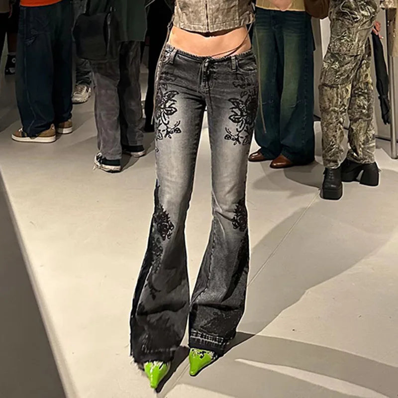 Women's Jeans  New American Retro Street Style Plant Print Washed Vintage Low-Rise Flare Pants Trendy Versatile