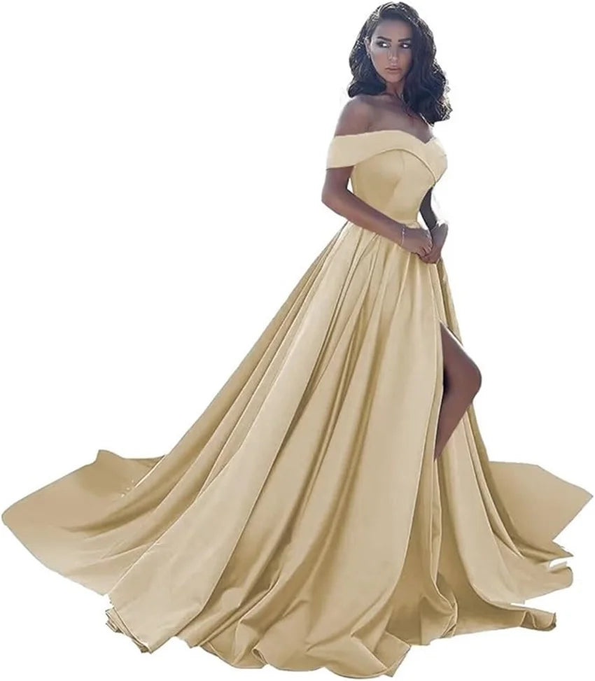 Simple Off Shoulder Satin Evening Gown