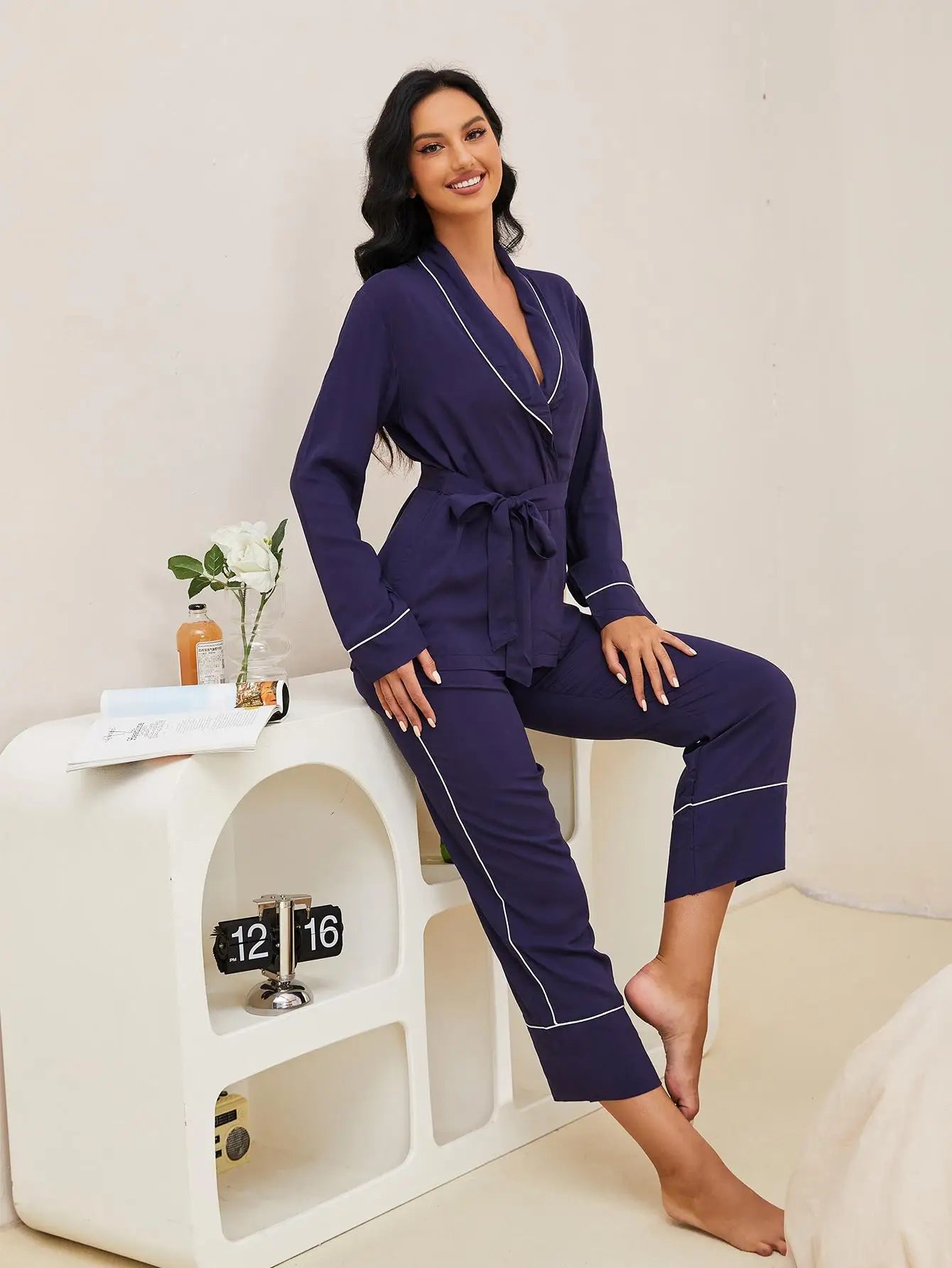 Wrap Belt V Neck Pajama Set