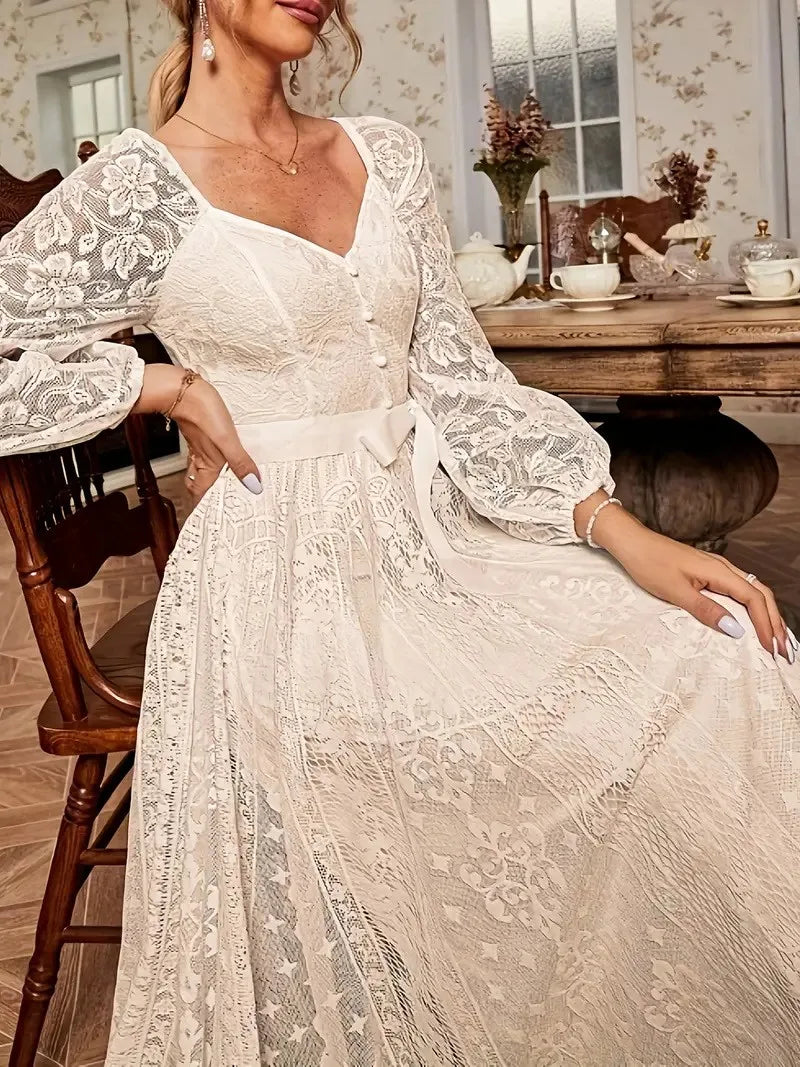 Elegant Party Dress For Woman Evening Prom Dresses Lace Long Gown V Neck Maxi Dress White Pink Floral Lace A Line Balloon Sleeve