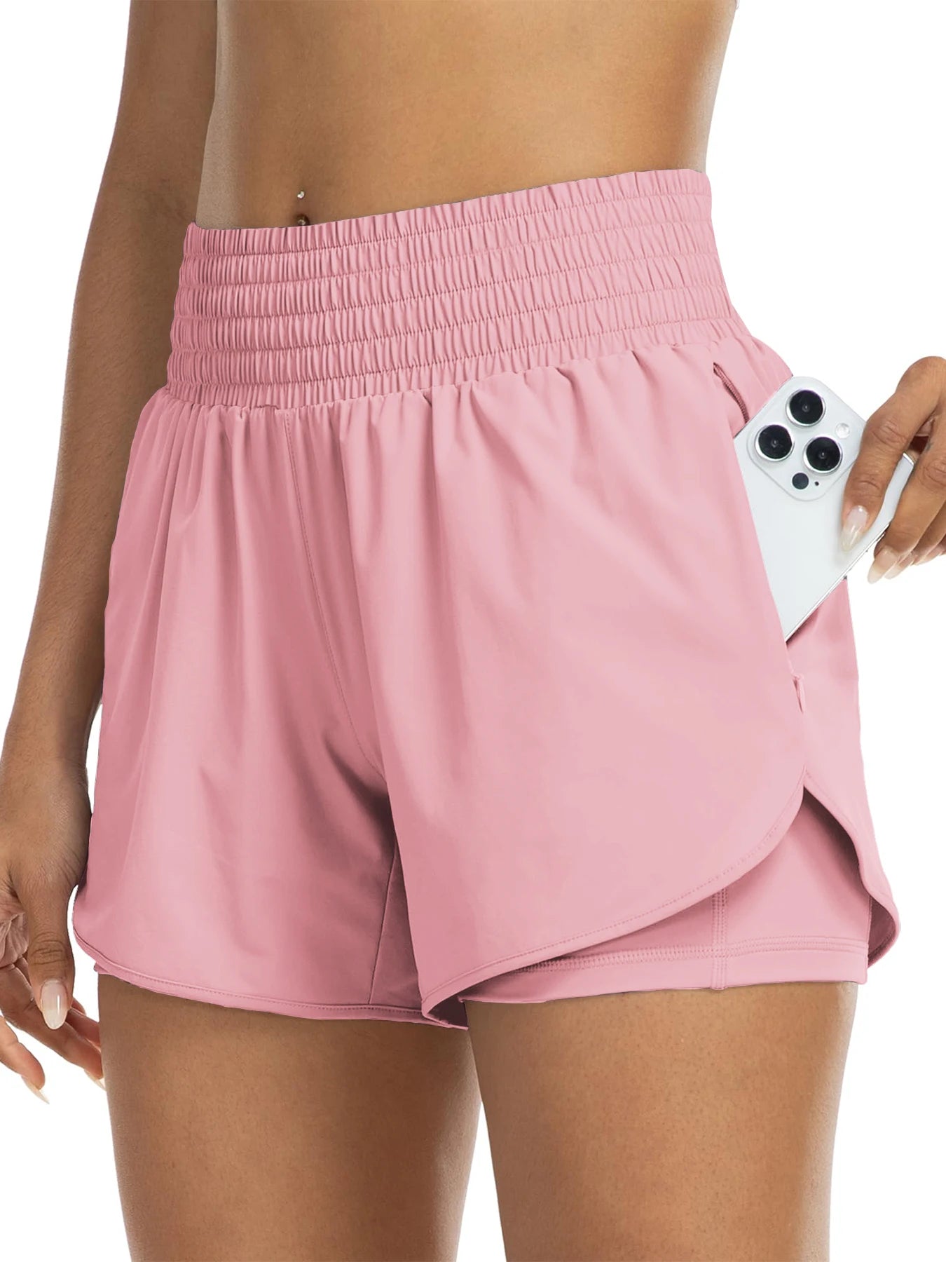 Women's high-waisted athletic shorts for running, yoga, layered design, anti-exposure, fitness, and workout with pockets