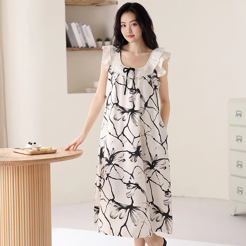 Newest Women Nightdress Female 100% Cotton Nightwear Floral Short Sleeve Sleepdress With Chest Pad