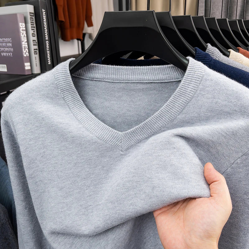 New Sweatwear Men's V Neck Basic Solid Color Sweaters Round Neck Elastic Pullovers Warm Autumn Knitted Oversized Sweater Men