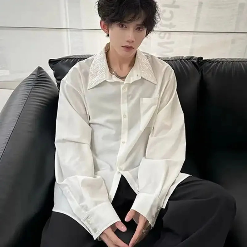 Men's Satin Shirt with Embellished Collar