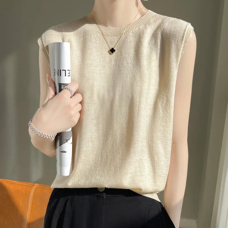Women Tops Knitted Tank Tops O-neck Sleeveless Bottoming Shirts Spring Summer Tank Top Solid Soft Korean Fashion Lady Knit Top