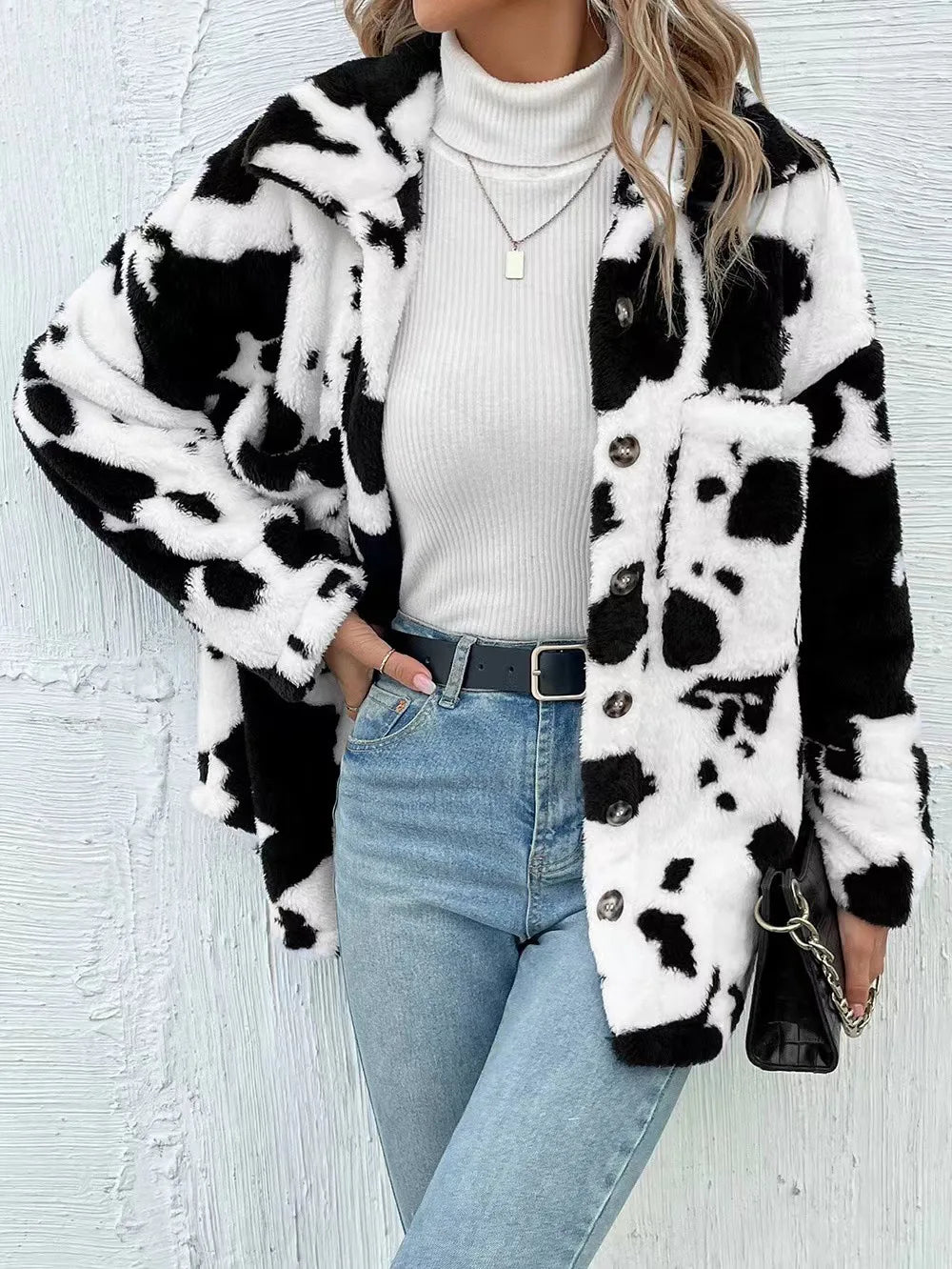 Women's Cow Print Double-sided Cashmere Coat Autumn Winter Loose Coats With Pockets Single Breasted Lapel Collar Plush Jacket