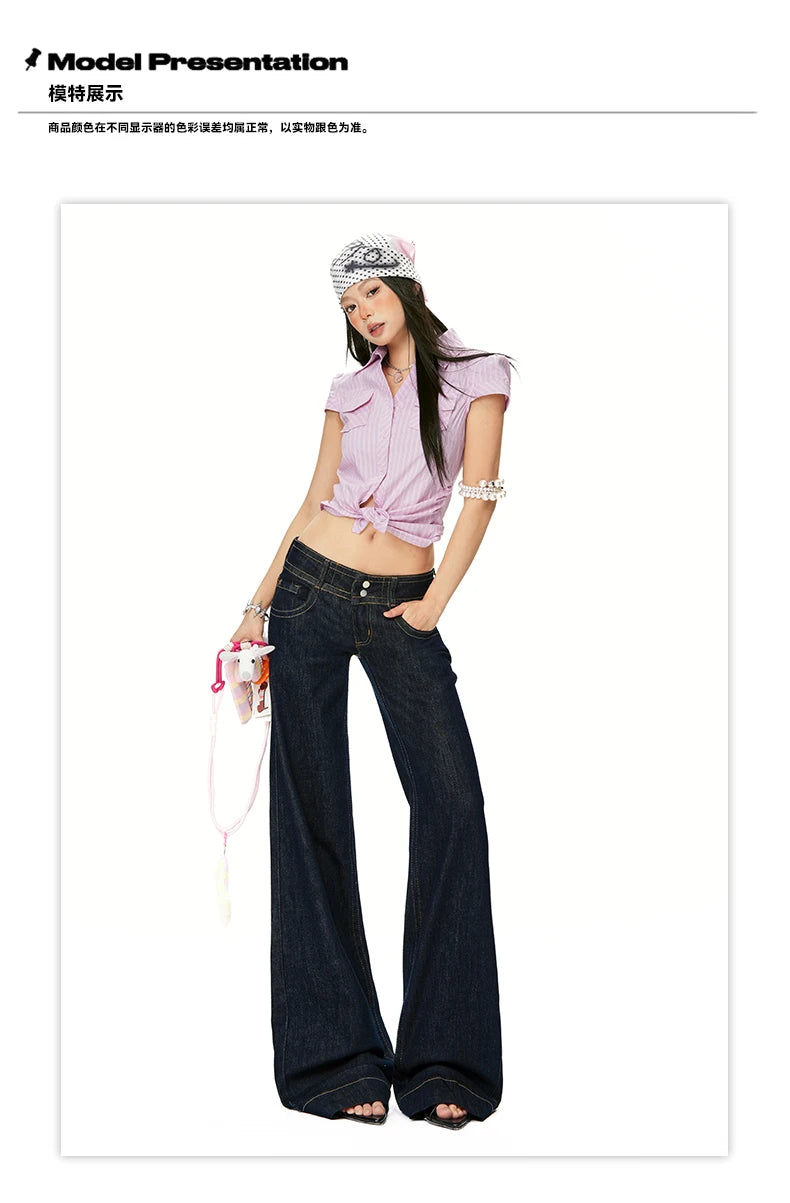Women Vintage Blue Jeans Hip Hop Fashion Streetwear Y2K Wide Leg Straight Low Waist Jeans Baggy Denim Pants