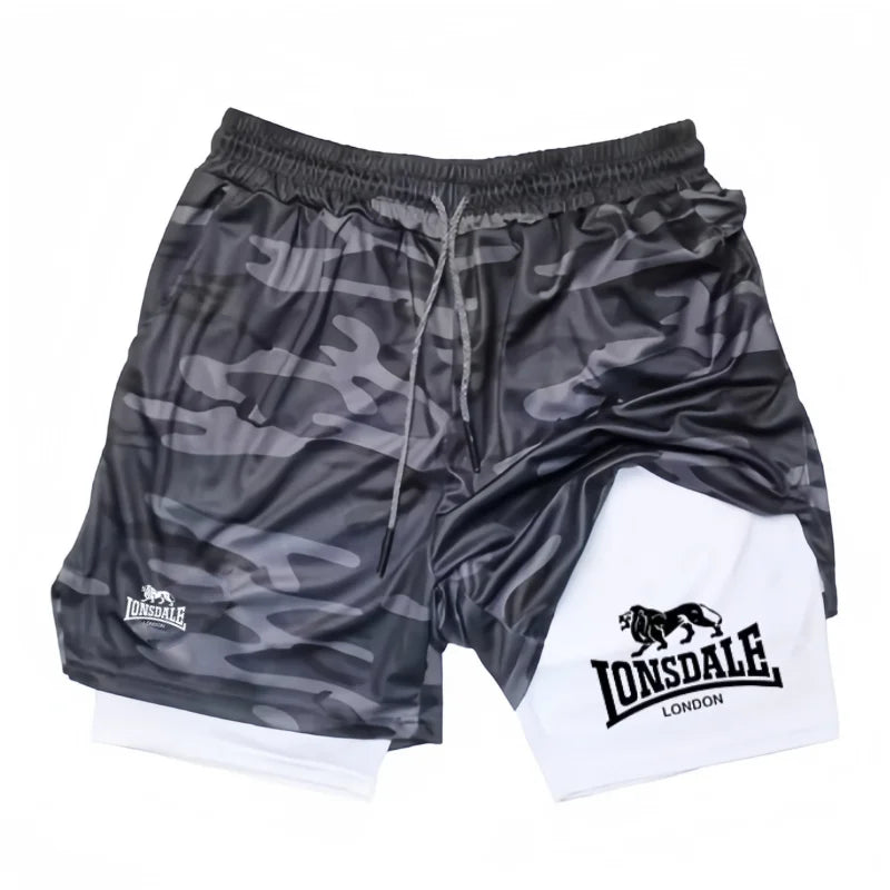 Print 2in1 Running Shorts for Men Gym Workout Compression Shorts with Phone Pocket Towel Loop Summer Sport Athletic Activewear