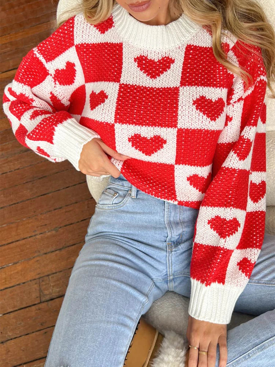 Checker Heart Knit Pullover