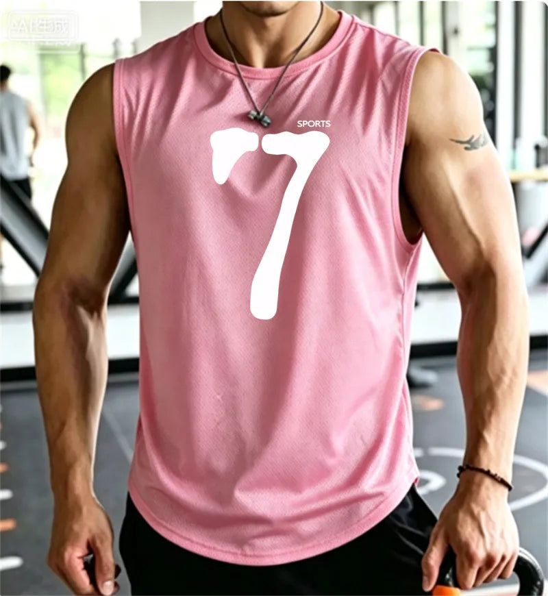 SPORTS 7 New Men Tank Tops Sleeveless Shirt Polyester Mesh Material Quick Dry Breathable Men Workout Fitness Basketball Top Tee