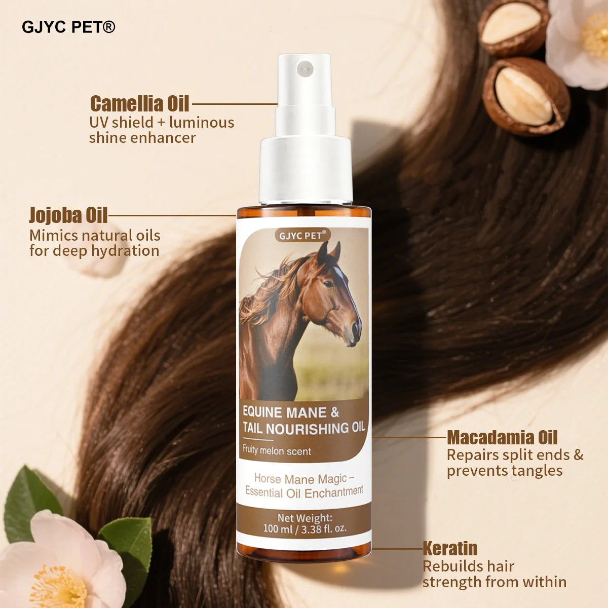 Horse Hair Care Oil 100ml - Mane Shine Essential Oil with Plant Ingredients Nourishing Coat Treatment Easy Carry for All Breeds