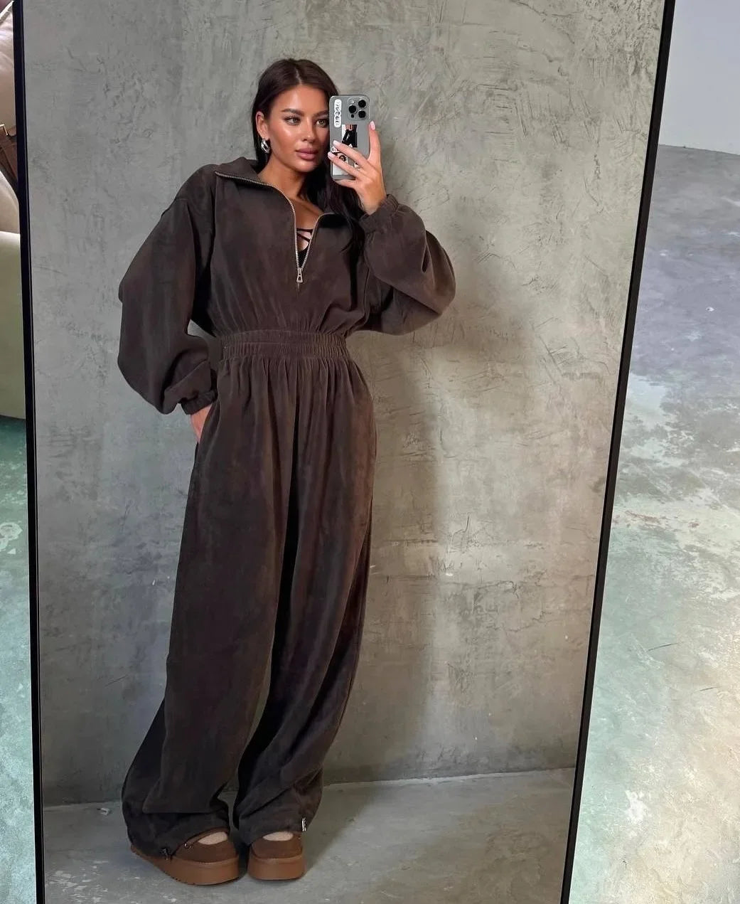 Jumpsuit Women 2026 New Fashionable Long Sleeved Jumpsuit for Women's Casual Half Open Collar Elastic Waist Jumpsuit
