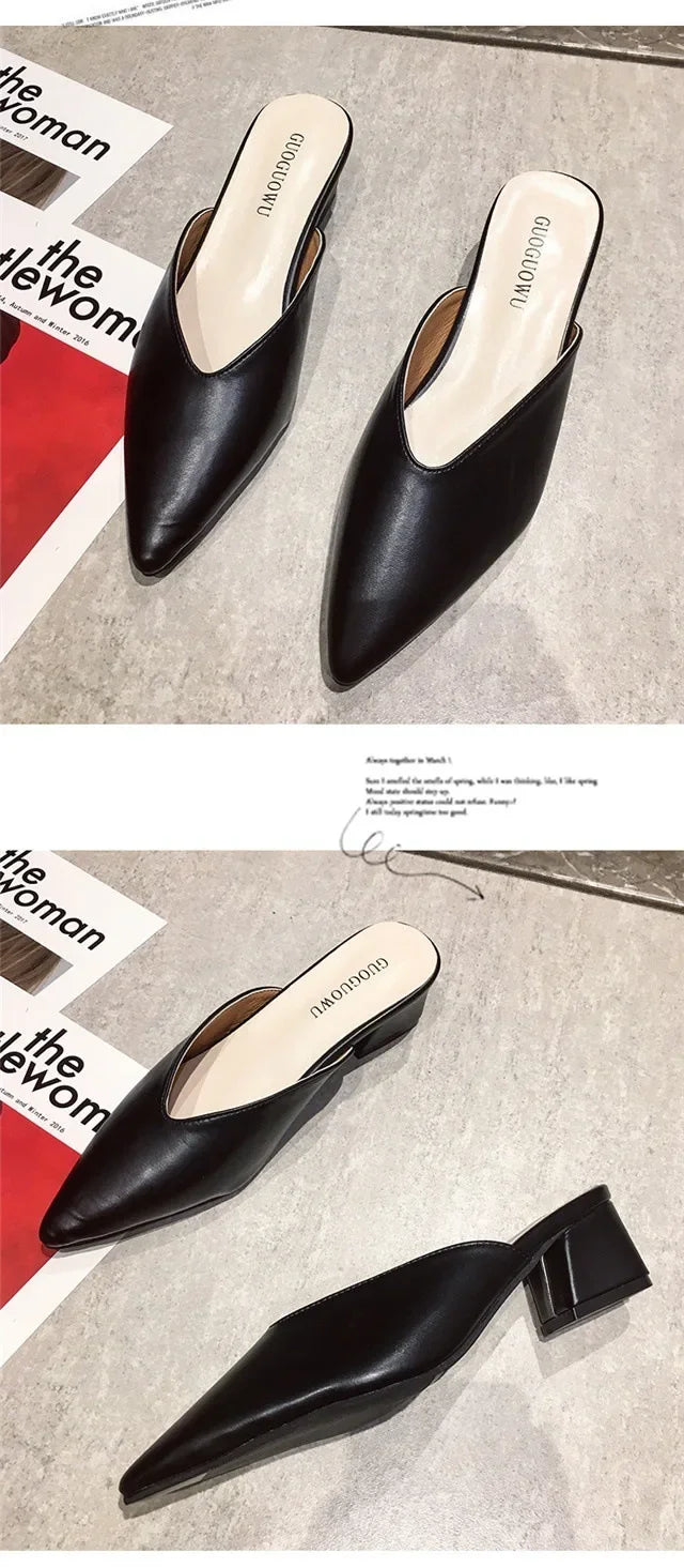 Women High Heels Slippers  Baotou Women Shoes Sexy Pointed Toe Chunky Heels Mules Outdoor Walking Slides Chaussure Femme 2024