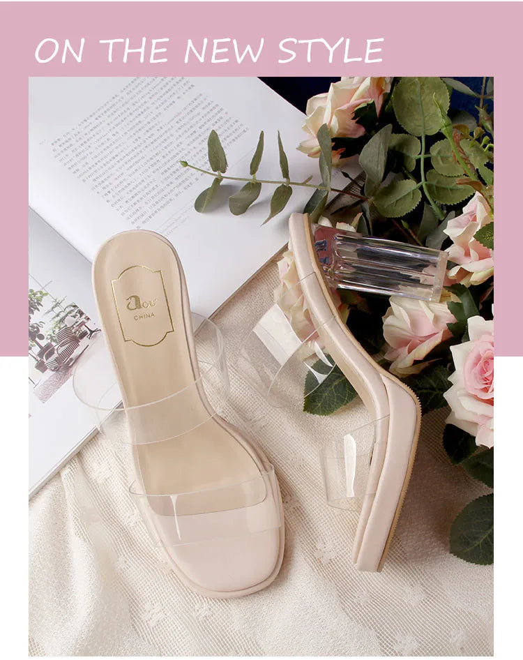 Women's High Heels, 2024 Summer New Waterproof Table with A Line Not Tired Feet Thick Crystal Slippers, Women's Shoes