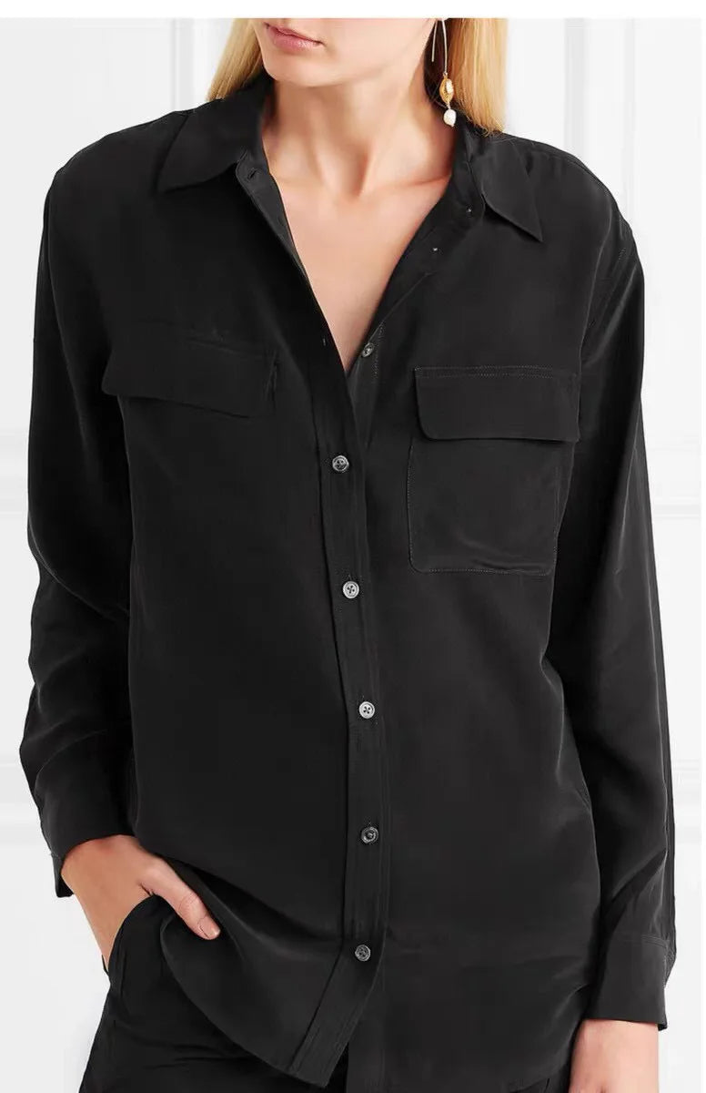 Women Real Silk Shirts Classic Double Pockets Solid Color Casual Fashion Long Sleeve Thin Shirt Blouses Tees
