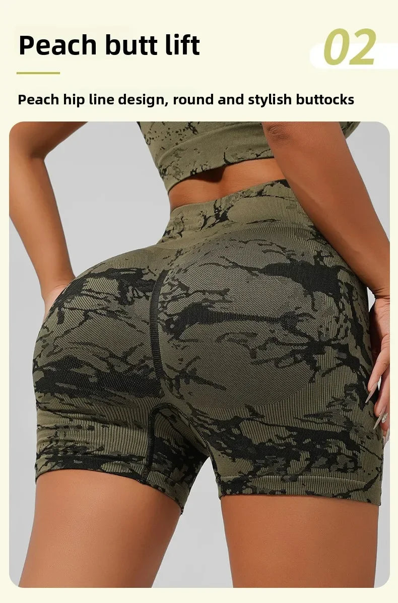 Women Seamless Tie Dye Yoga Set Quick Dry Sports Bra Shorts Lightweight Breathable Workout Outfit