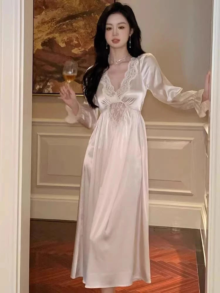 Female Long Nightdress Retro French Court Style Princess Nightgown Sleepwear Spring Summer Loose Rayon Home Clothes Lounge Wear