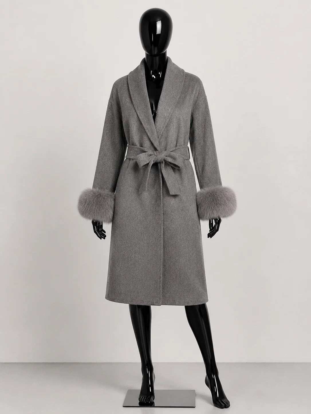 Women's Wool Coat with Fur Cuffs Minimalist Soft Wool High Fashion Belted Winter Fur Trim Coat Old Money Style Natural Fur Coat