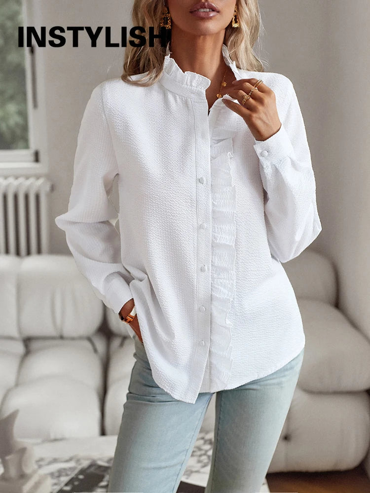 Women's Shirt Elegant Long Sleeve Ruched Stand Neck Office Lady Blouse Casual Button Shirts Harajuku Tunics Street Simple Tops