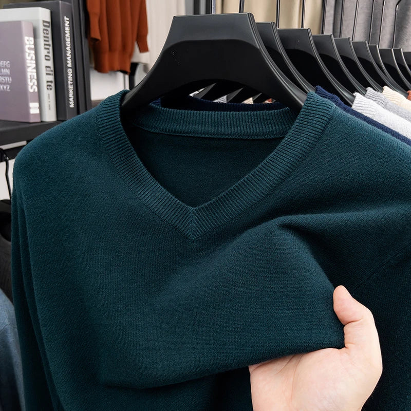 New Sweatwear Men's V Neck Basic Solid Color Sweaters Round Neck Elastic Pullovers Warm Autumn Knitted Oversized Sweater Men