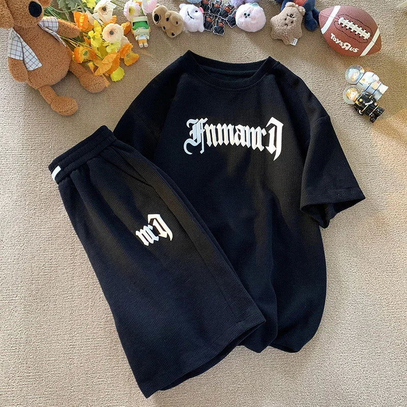 Printed Streetwear Tracksuit Men Summer Waffle Sets Casual Trendy Sportswear Short Sleeve T-Shirt Sports Breathable Shorts