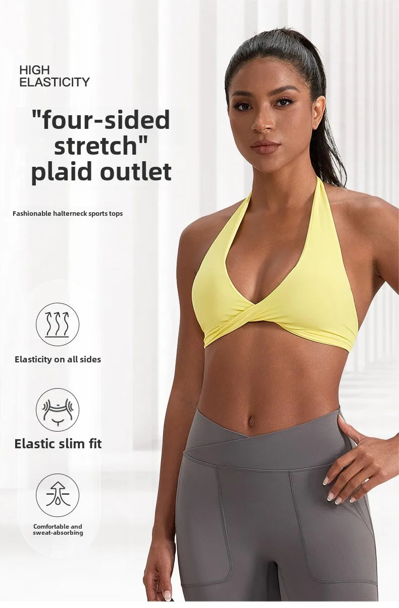 Strappy Bra for Women Open Back Halter Sports Bra Light Support Gym Crop Top Seamless Workout Yoga Top Bra Padded Bras