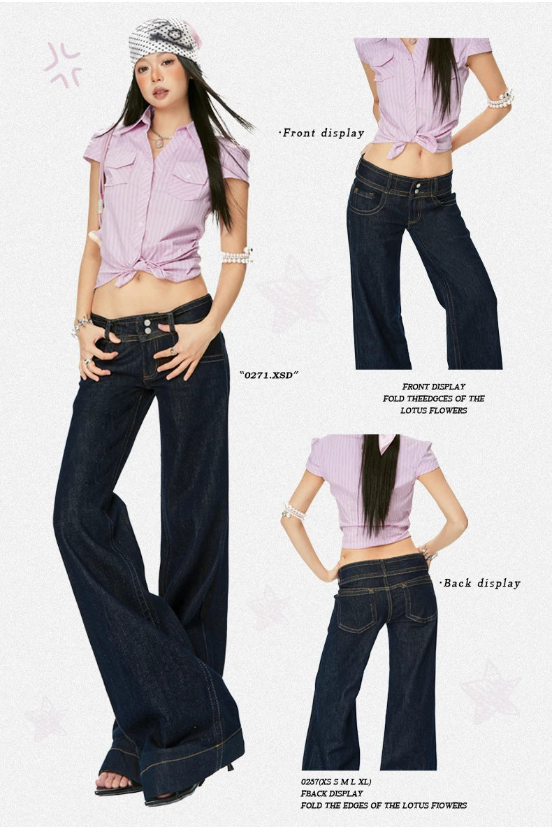 Women Vintage Blue Jeans Hip Hop Fashion Streetwear Y2K Wide Leg Straight Low Waist Jeans Baggy Denim Pants