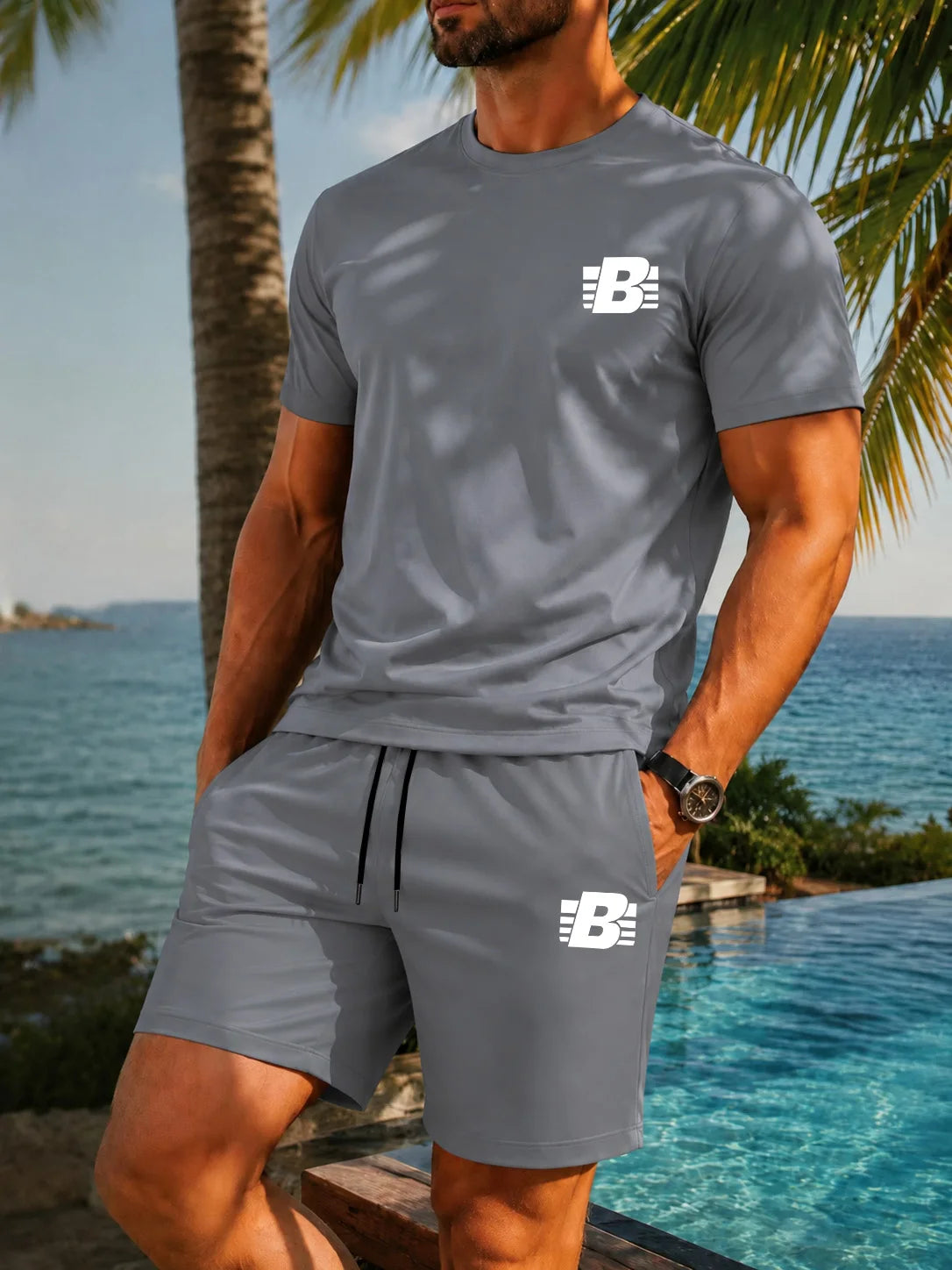 Men's 2-Piece Tracksuit Casual Sportswear Set Short Sleeve T-Shirt + Shorts Quick Dry Breathable Gym Fitness Running Outfit