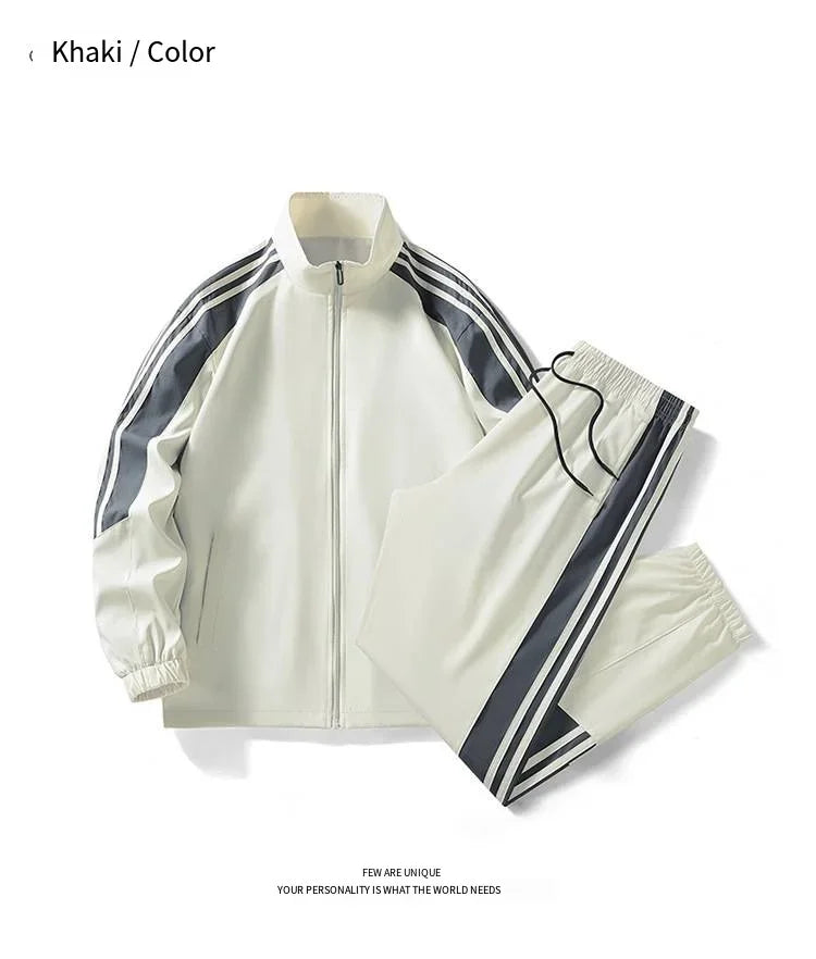 Men Fashion Tracksuit 2‑Piece Set, Stand Collar Zip‑Up Jacket & Drawstring Pants, Striped Casual Sports Outfit For Autumn Winter