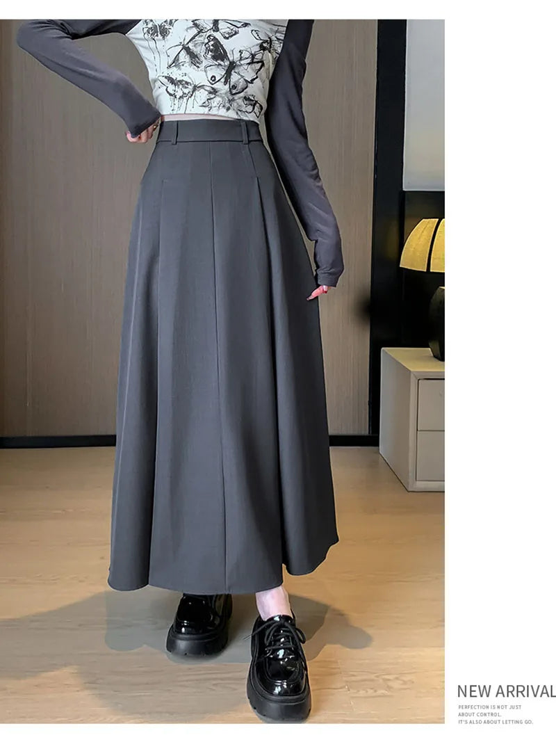 Elegant Skirts for Women Korean Style Long Skirt Female Black Pleated Midi Skirt Women's Clothing Office Lady Skirts Outfits New