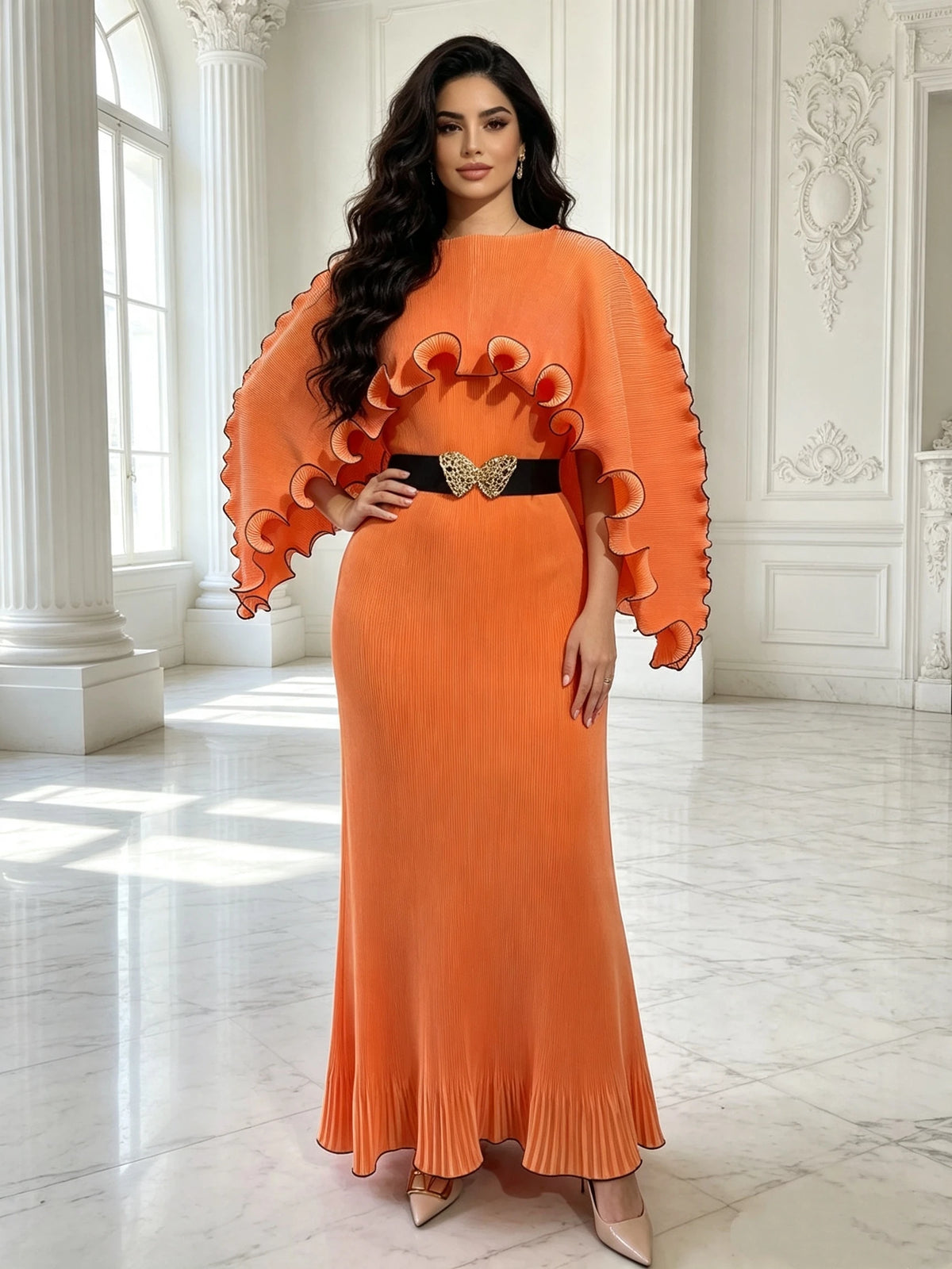 Elegant Pleated Long Dress with Butterfly Belt Women Cape Sleeve Wave Edge Ruffle Evening Party Dress