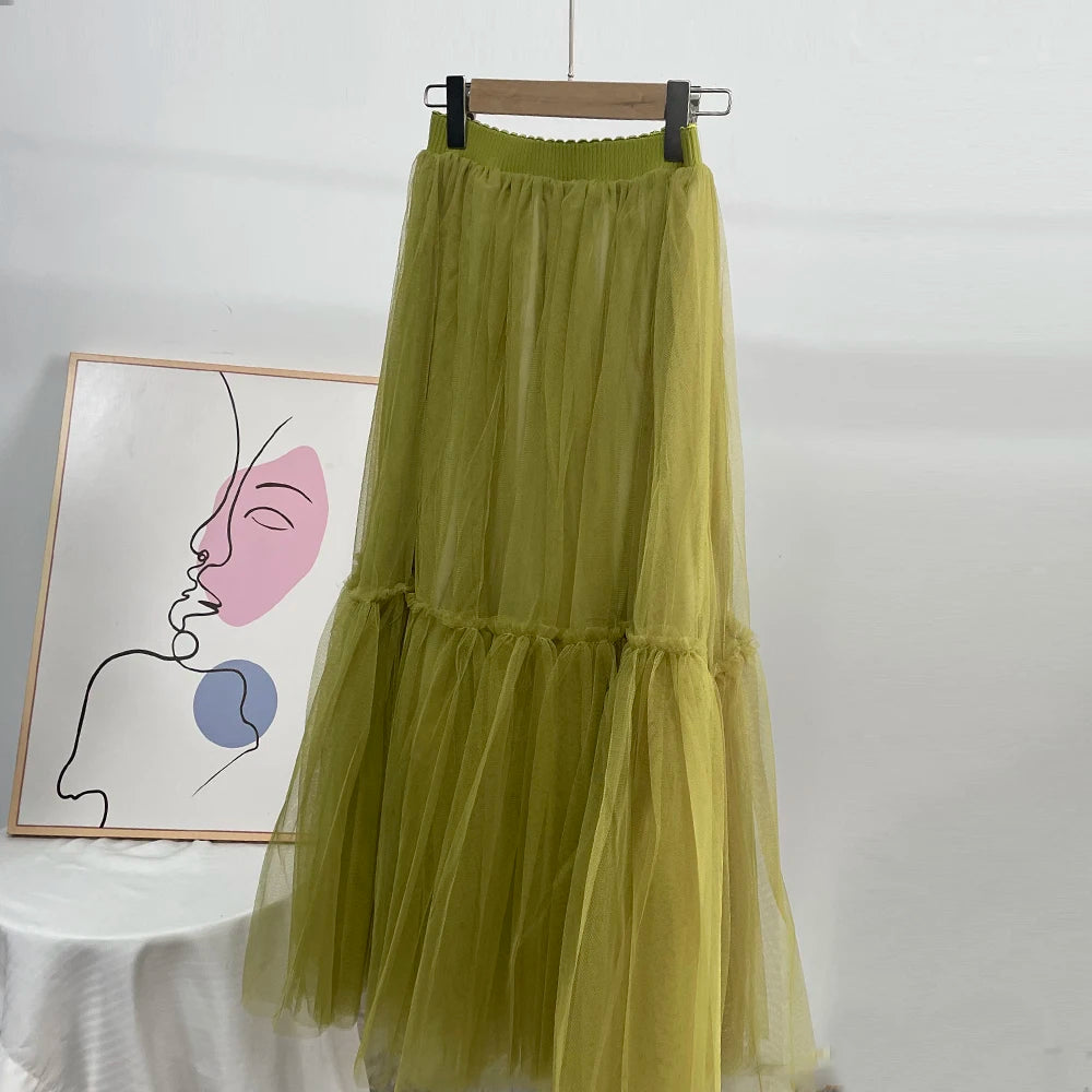 Pleated Lace Cake Midi Skirt