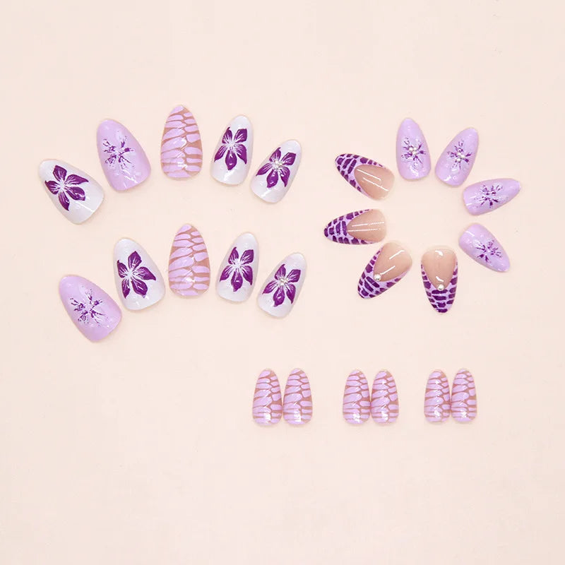Medium fake nails for women Gradient nude brown blue flowers or rhinestones fall winter almond tips press on false nail art set