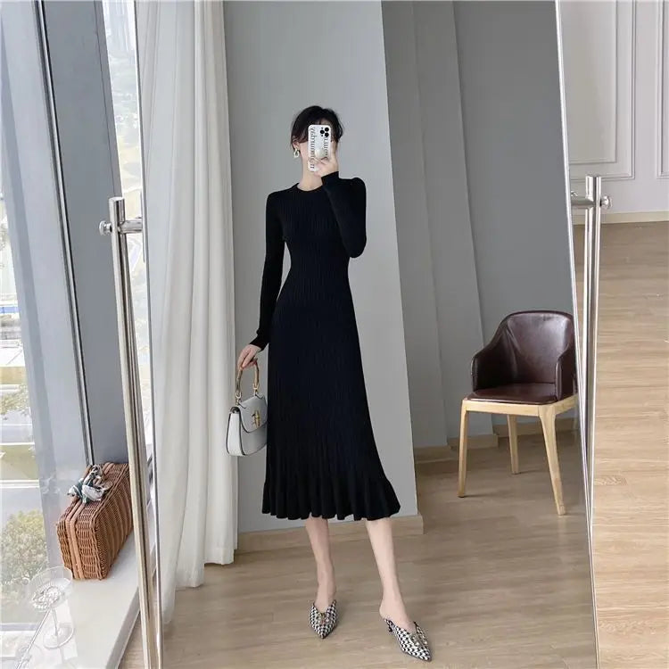 Elegant Knit Flounce Midi Dress