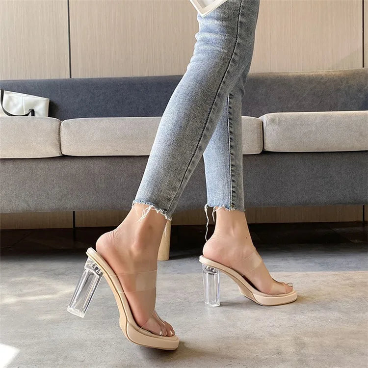 Women's High Heels, 2024 Summer New Waterproof Table with A Line Not Tired Feet Thick Crystal Slippers, Women's Shoes