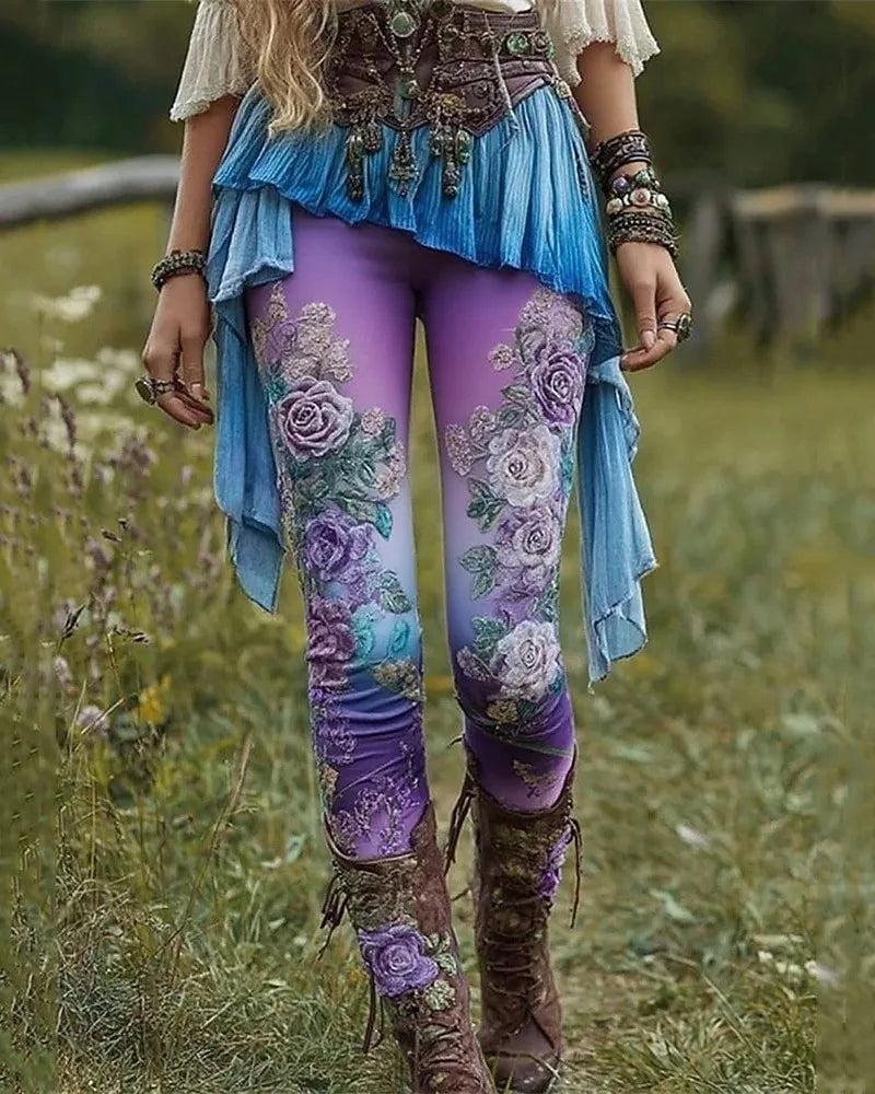 Women's Pants Flower Printed Leggings Cozy Leggings Casual Boho Full Length Elastic Waist Stretchy Vacation Street Daily Wear