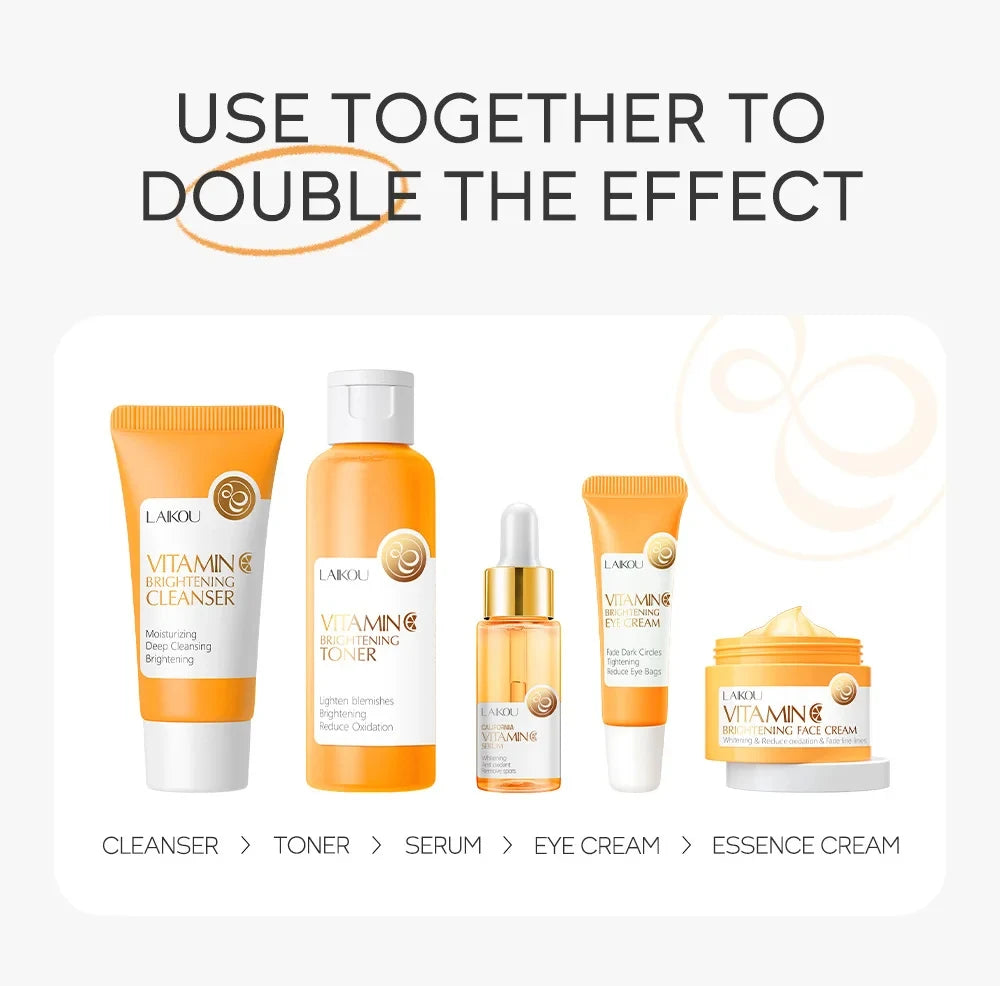 Vitamin C Skincare Set 5pcs(Cleanser-Toner-Serum-Eye Serum-Face Cream) + Natural Antioxidant Ingredients, Nourish Even Skin Tone