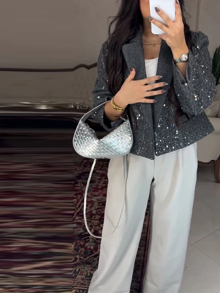 Elegant Cropped Sequin Blazer Jacket