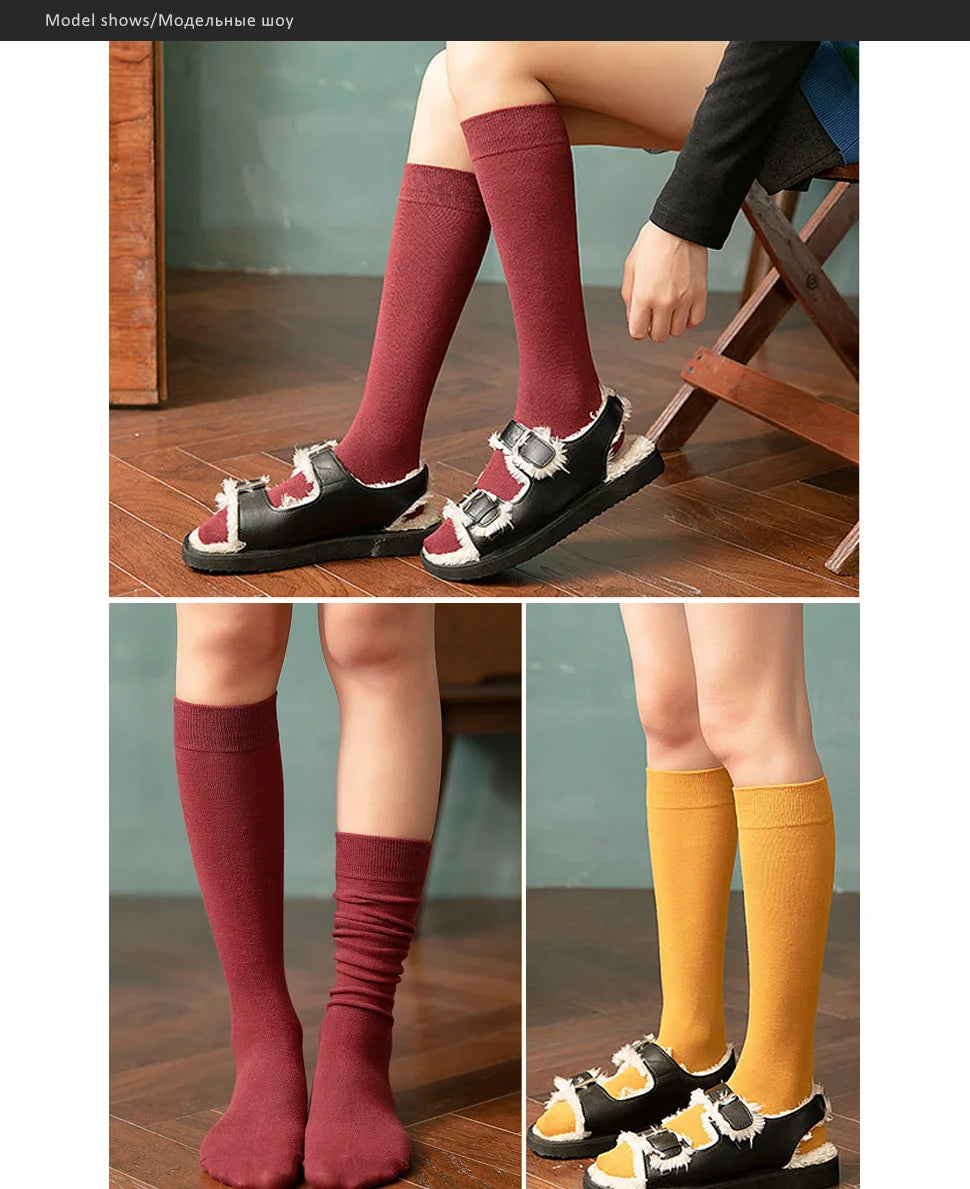 Solid Cotton Thigh High Socks