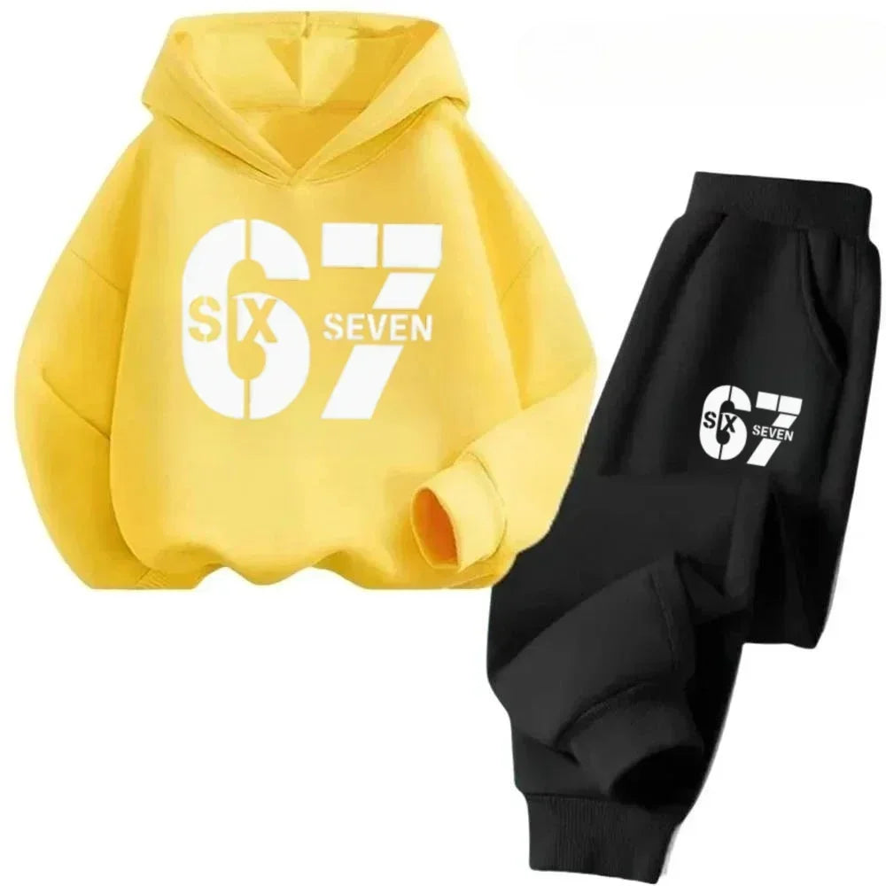 67 Hoodie Set Big Sale, 2-piece Set Suitable for Children Aged 4 To 13, Discounted Cartoon Printed Cotton Sportswear