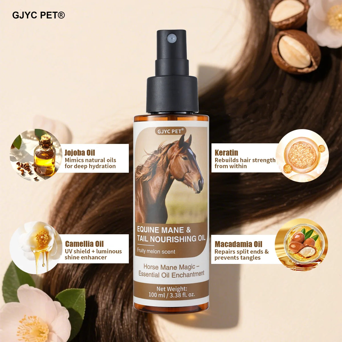 Horse Hair Care Oil 100ml - Mane Shine Essential Oil with Plant Ingredients Nourishing Coat Treatment Easy Carry for All Breeds