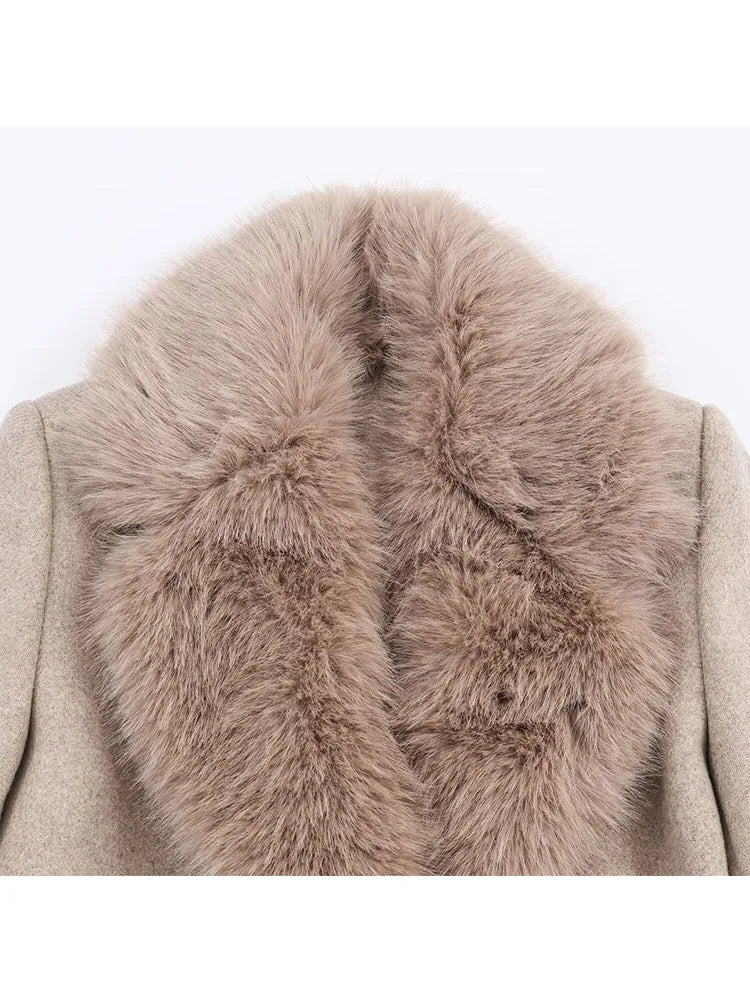Elegant Belted Fur Collar Overcoat