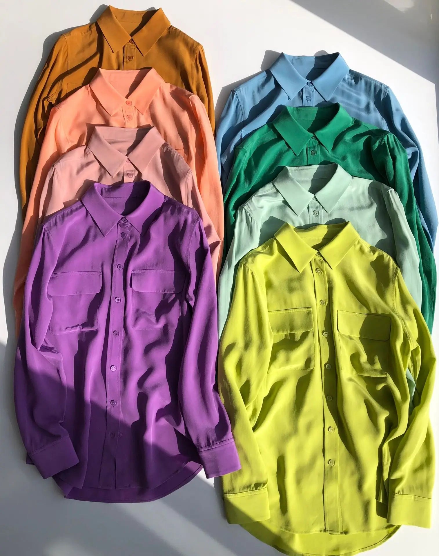Women Real Silk Shirts Classic Double Pockets Solid Color Casual Fashion Long Sleeve Thin Shirt Blouses Tees