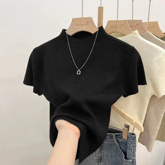 Knitted 2025 New Basic Sweaters Fashion Women Turtleneck Solid Thin Short Sleeve Slim Pullovers Streetwear Bodycon Sweater