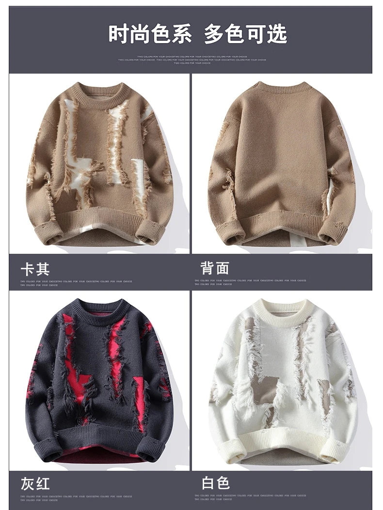 2026 Winter Fashion worn‑out design Sweater Men Casual Knit Pullovers Mens Thick Warm Loose Knitted Sweaters Streetwear Man