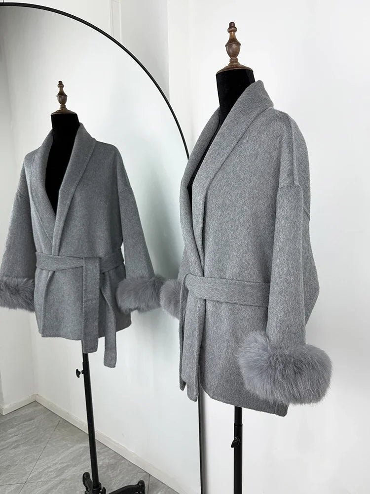 Fox Fur Woolen Coats Women's Short Coat Office Lady Removable Elegant Double-sided Wool Overcoat 2025 New Cardigan Jacket