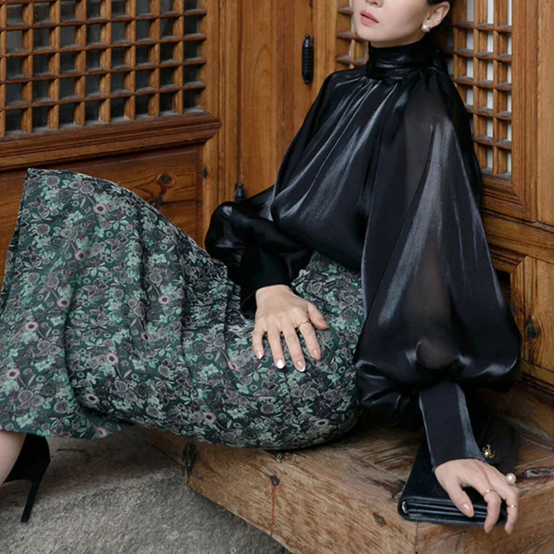 Elegant Chiffon Lantern Sleeve Blouse